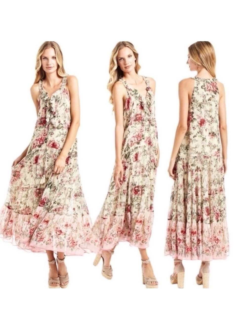 SECRET MISSION Emmeline Ruffle-Trim 100% Silk Maxi Dress Size Medium - Picture 2 of 15